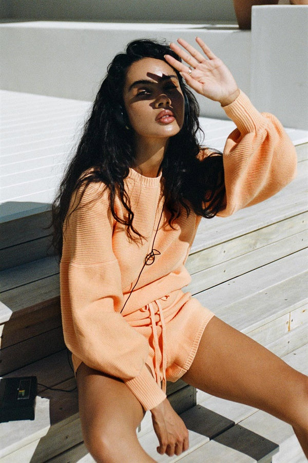 Comfortable Orange-Hued Natural Knitted Cotton Peach Knit Women's Top