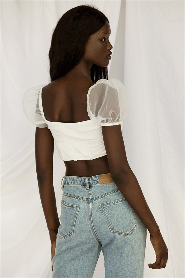 Exclusively Designed Off - White Cotton Jupiter Top with Boning and Sheer Puff Sleeves