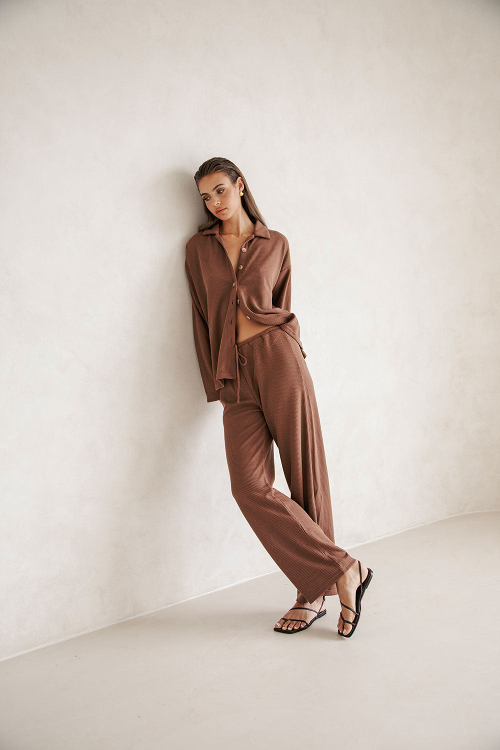 Sabo Exclusive Lenni Chocolate Colored Comfortable Ribbed Fabric High Waisted Pants