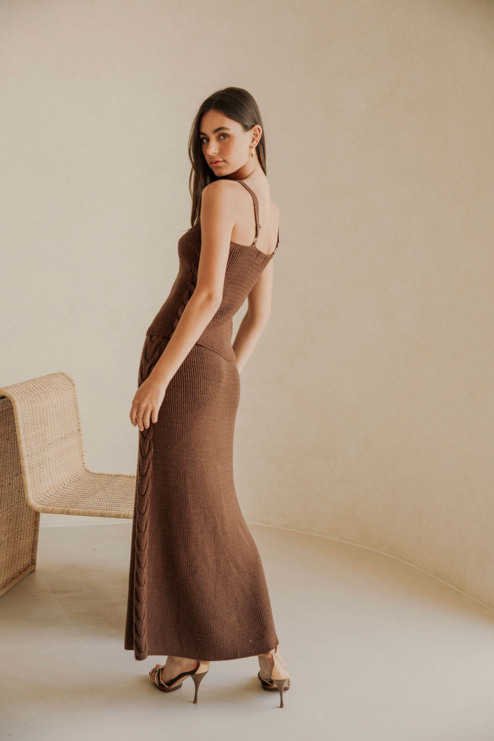Chocolate Brown Light Knit Ellarose A-Line Maxi Skirt