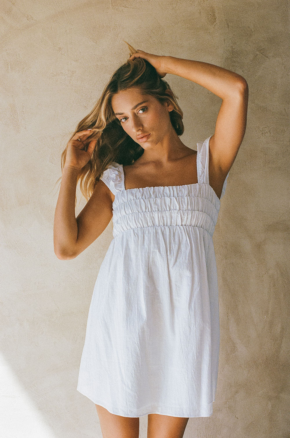 Fresh White Natural Cotton Luan Dress with Cute Cap Sleeves