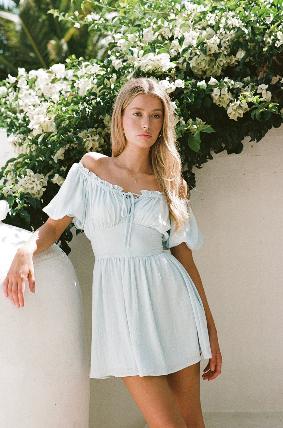 Blue Nyrobi Off - Shoulder Dress with Puff Sleeves and Corset Waist