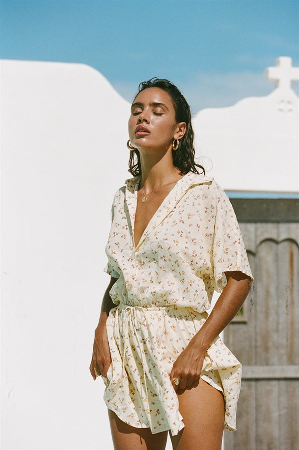 Yellow Floral Print Women's Onara Cotton Blend Dress