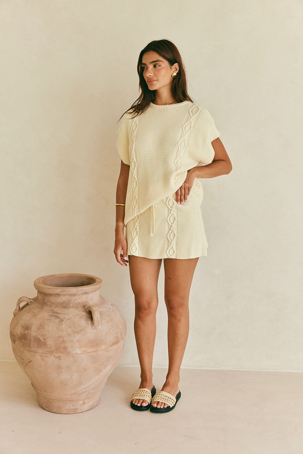 Exquisite Cream-Colored Cotton Blend Textured Knit Nevaeh Top