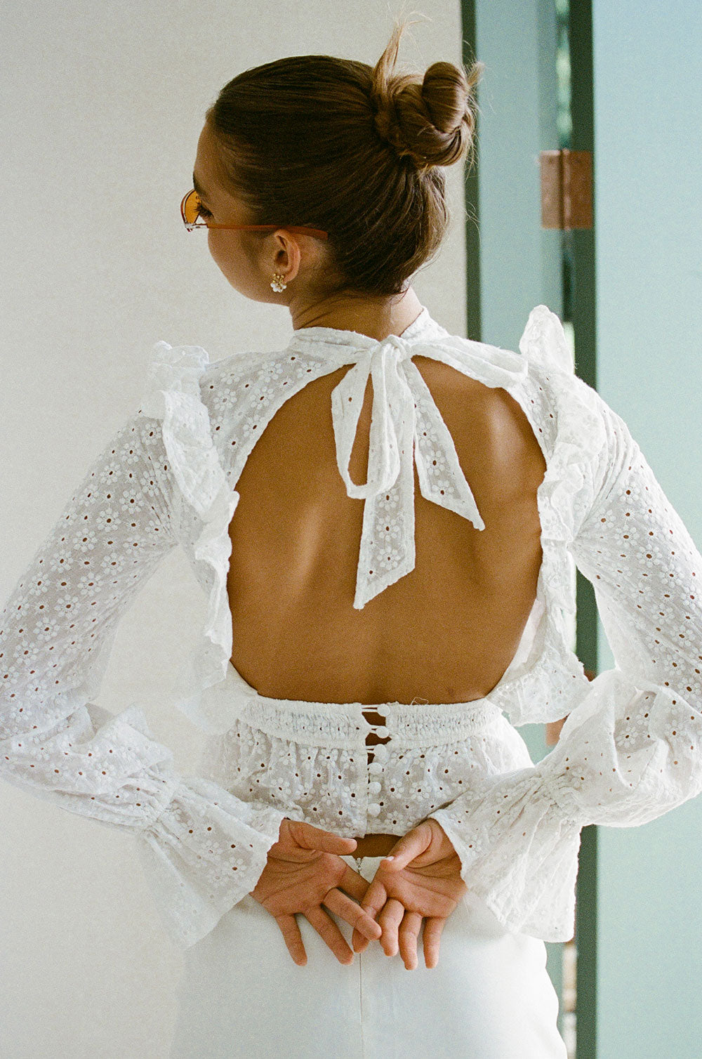 Exquisite Off-White Embroidered Nubia Top with Puff Sleeves