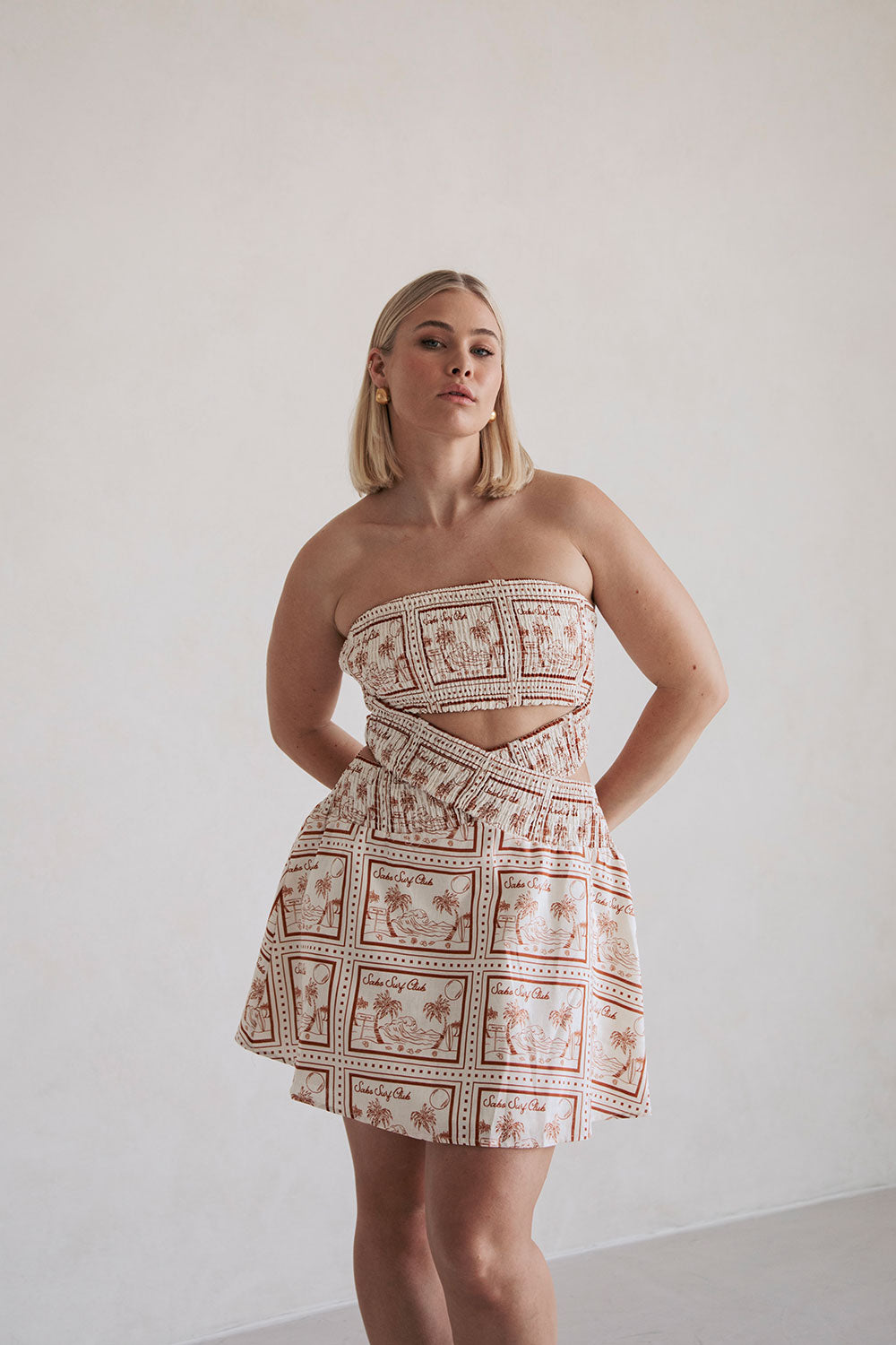 Sabo Postcard Print Kaiana Strapless Cutout Mini Party Dress