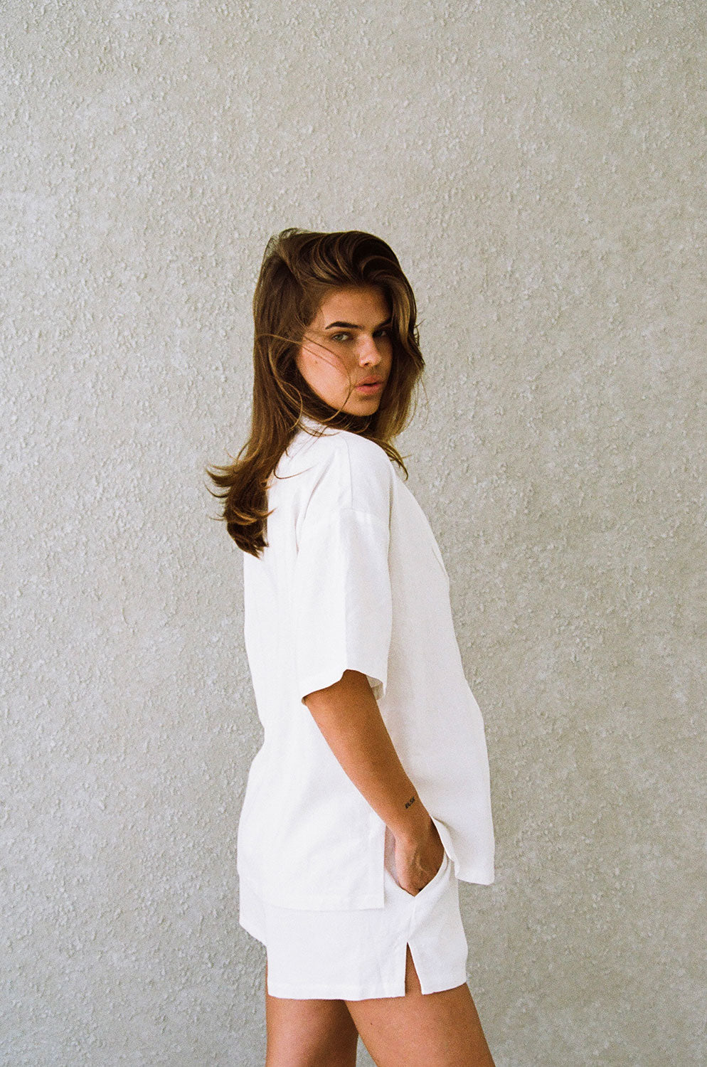 White Natural Linen Cotton Blend Relaxed Mallory Top with Drop Shoulders