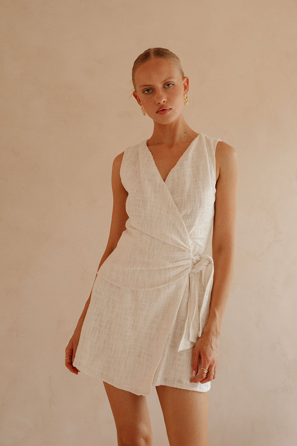 Exclusively Designed Sabo White Raw Cotton Blend Fallon Summer Mini Dress