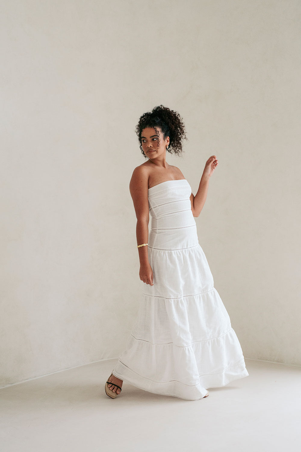 Exclusively Designed Sabo White High - Quality Cotton Cheesecloth Strapless Lyla Dress