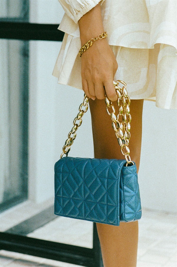 Stylish Blue Jolie Quilted Vegan Leather Chain Shoulder Bag