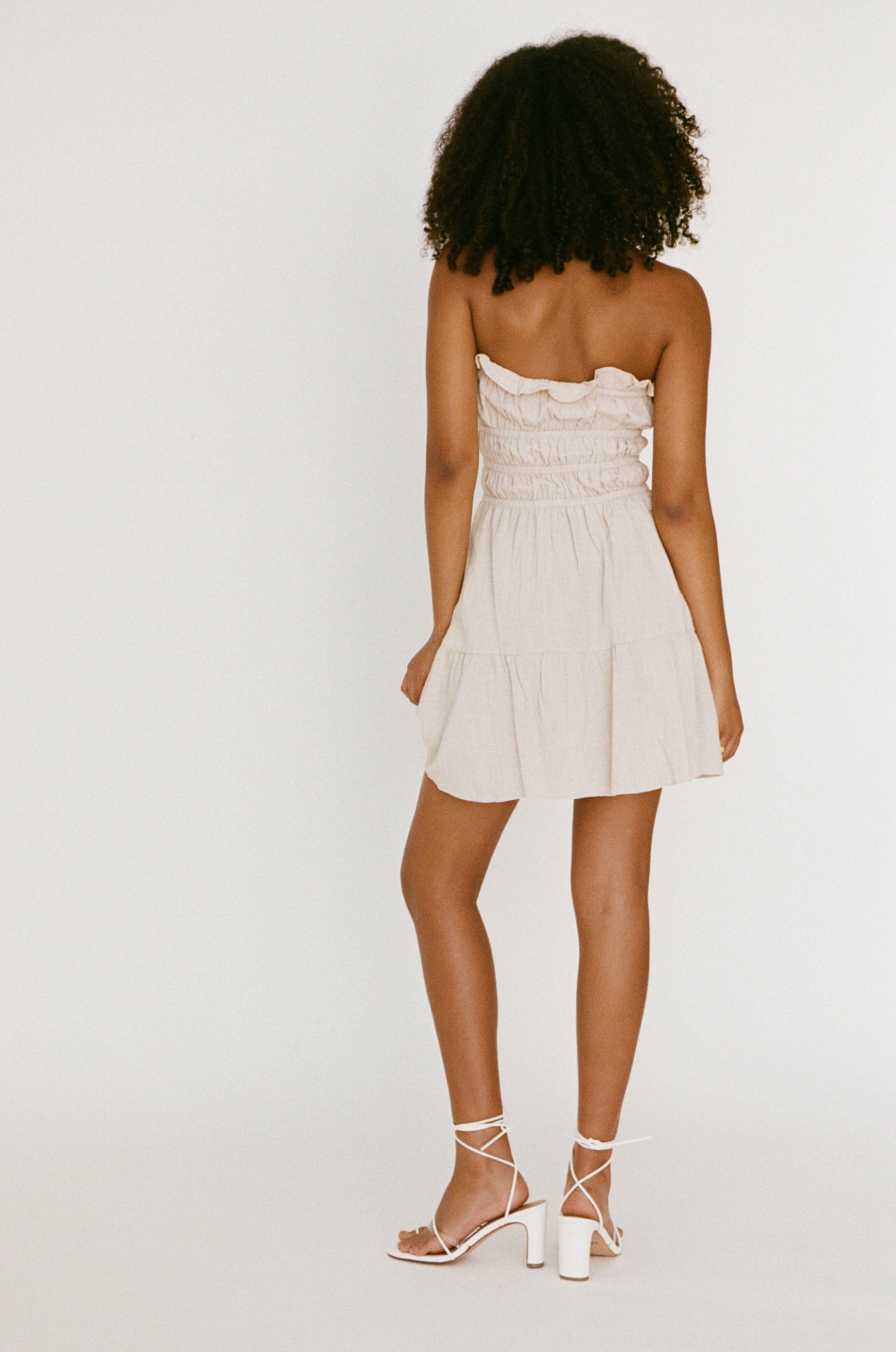Beige Textured Cotton Blend Strapless Alaria Summer Dress