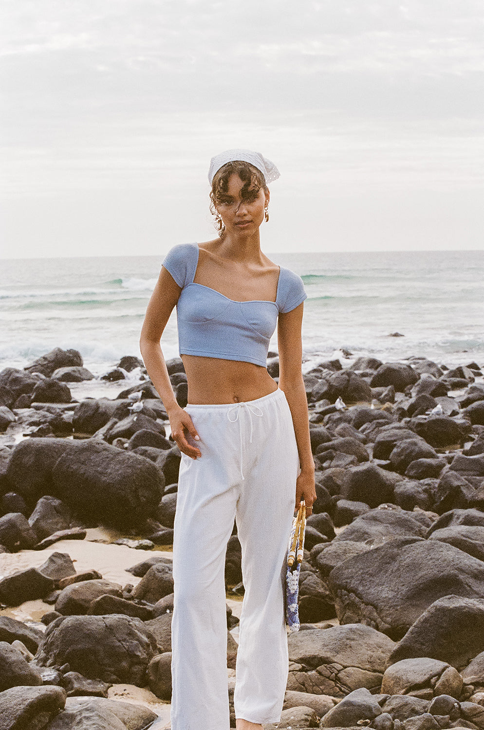 Soft Ribbed Blue Ocean Top with Cap Sleeves and Cropped Hem