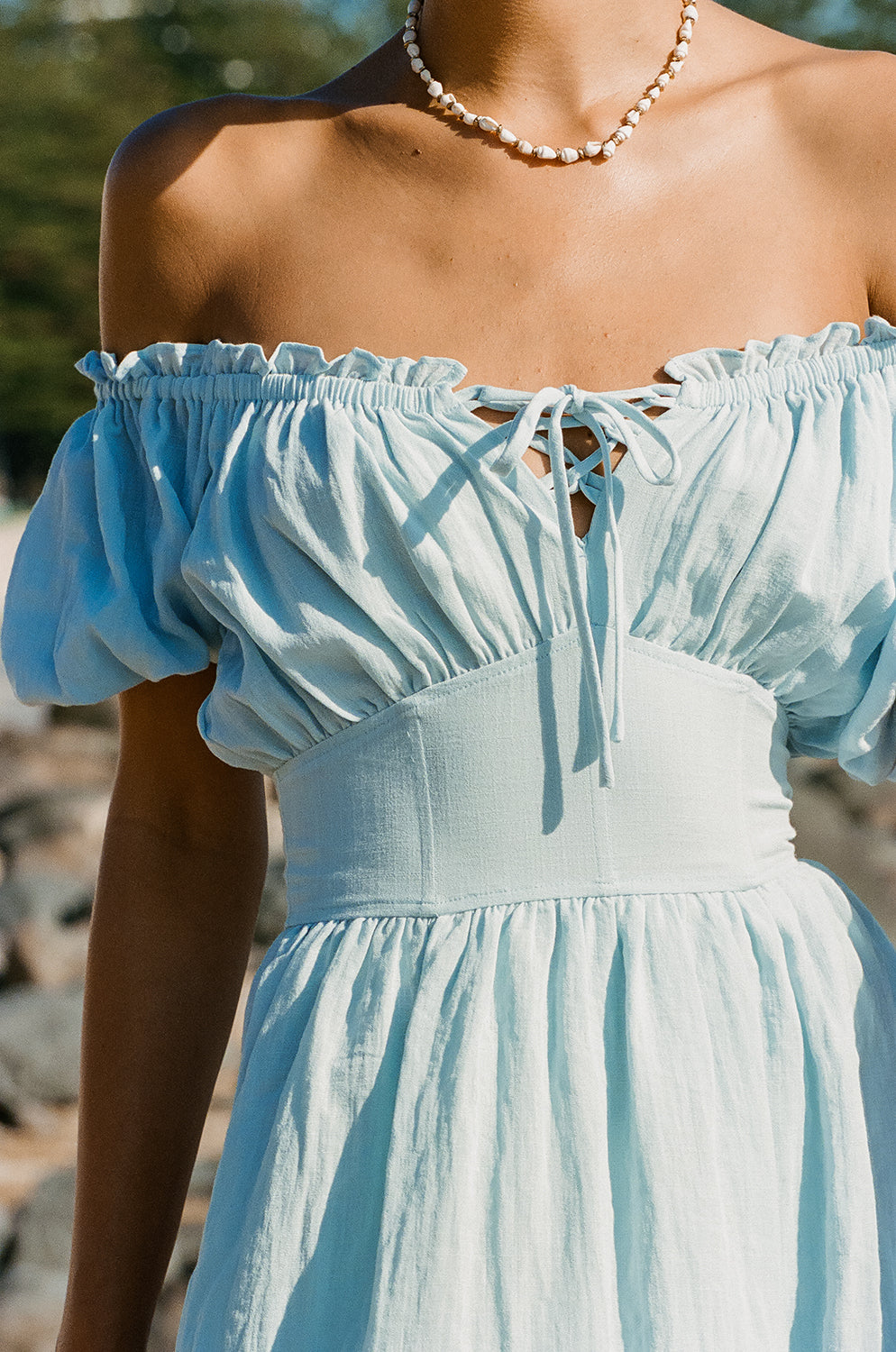 Blue Nyrobi Off - Shoulder Dress with Puff Sleeves and Corset Waist