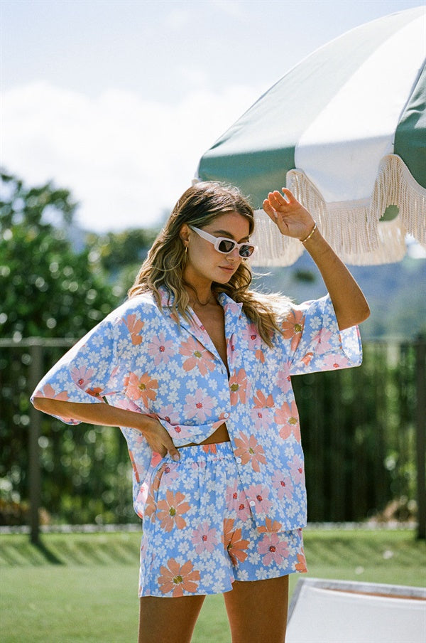 Summer Vacation Sky Floral Print High - Waisted Linen Cotton Blend Oli Shorts