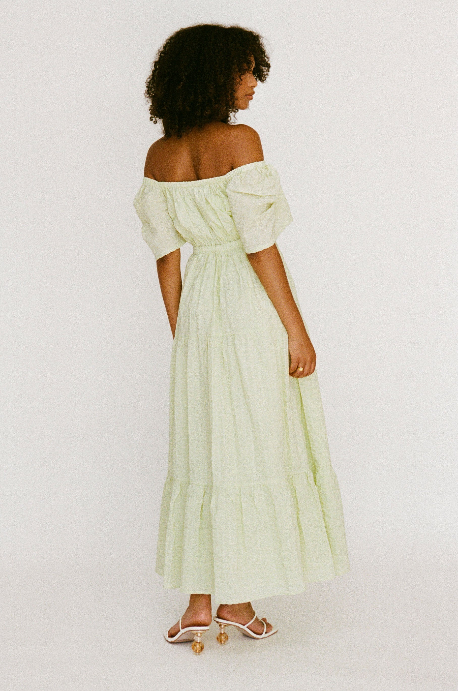 Stunning Green Natural Cotton Seersucker Armelia Maxi Dress with Flared Sleeves
