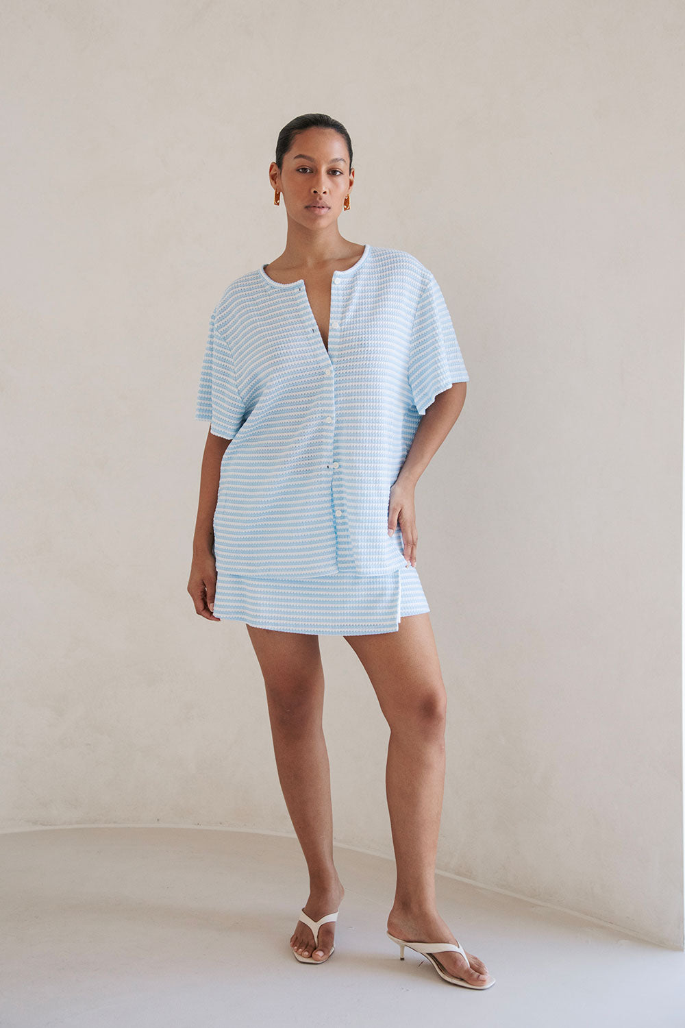 Baby Blue and White Lightweight Knitted Cassie Women's Top