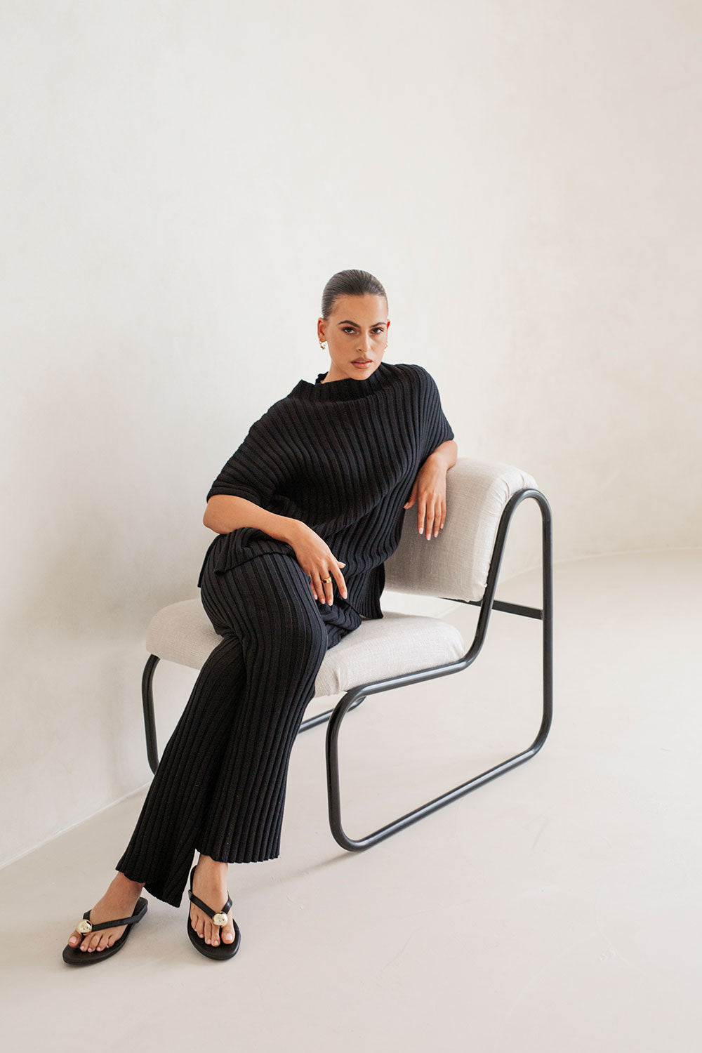 Stylish Black Ribbed Cotton Celine Pants with High Elastic Waist