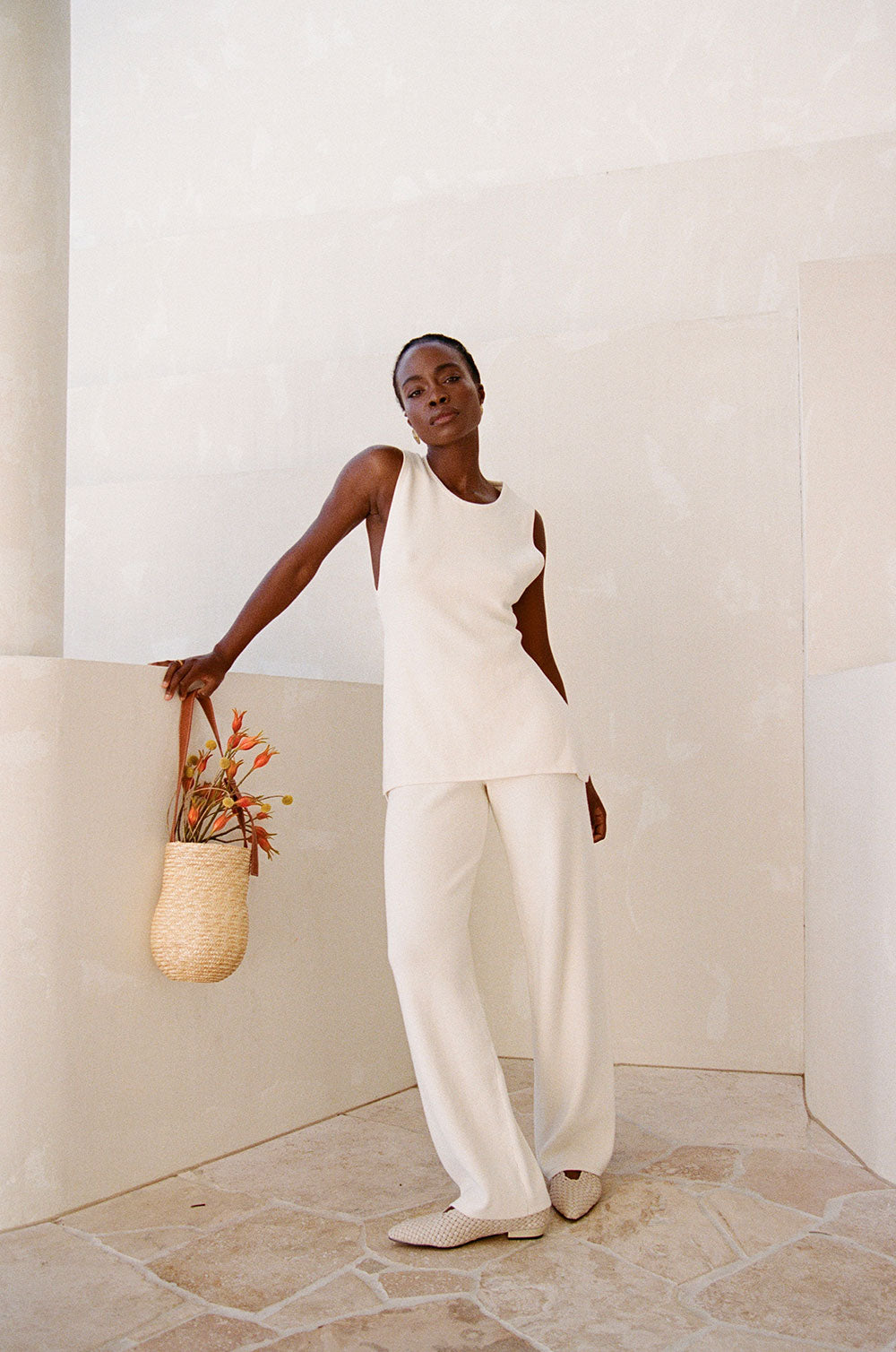 Luxurious Cream - Hued Cotton Blend Sammi High - Waisted Pants
