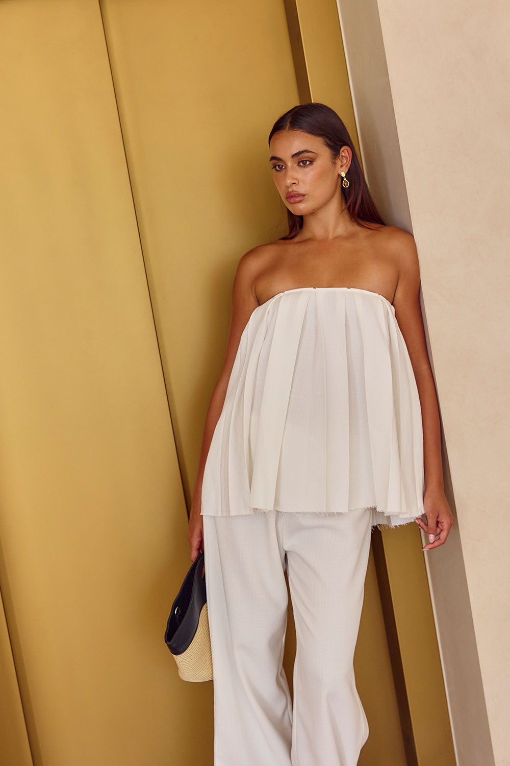 Stylish White Structured Kamila Pants with Elastic Waist and Drawstring