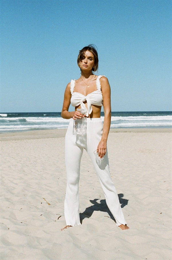 Fashionable Off - white Natural Cotton Blend Ribbed High - waisted Morena Pants
