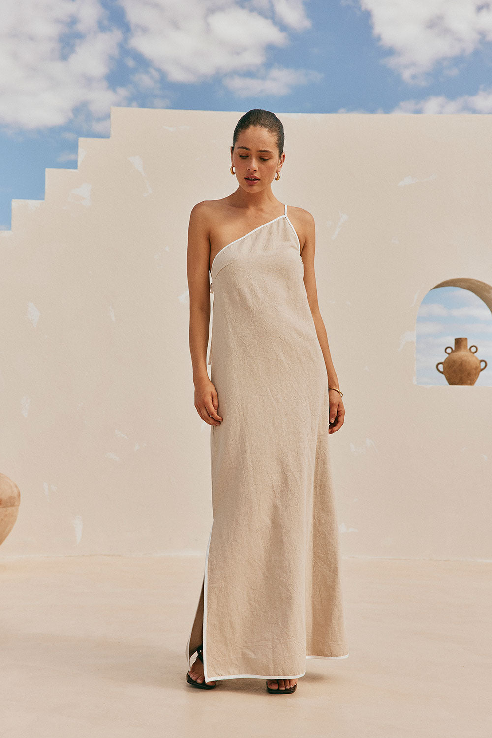Elegant One-Shoulder Jayden Maxi Dress in Natural Linen