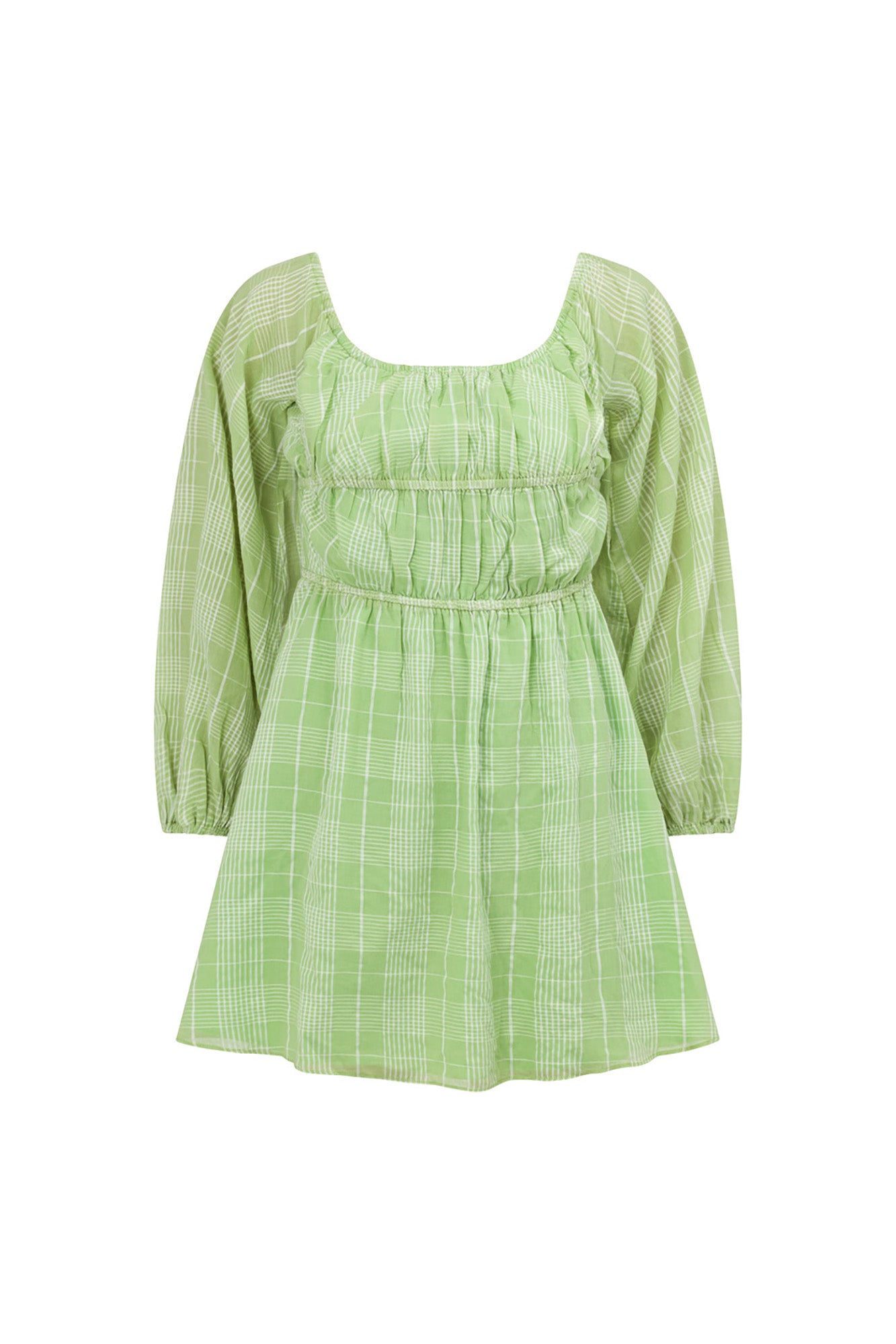 Sabo's Exclusive Lightweight Green White Plaid Off Shoulder Puff Sleeve Dress