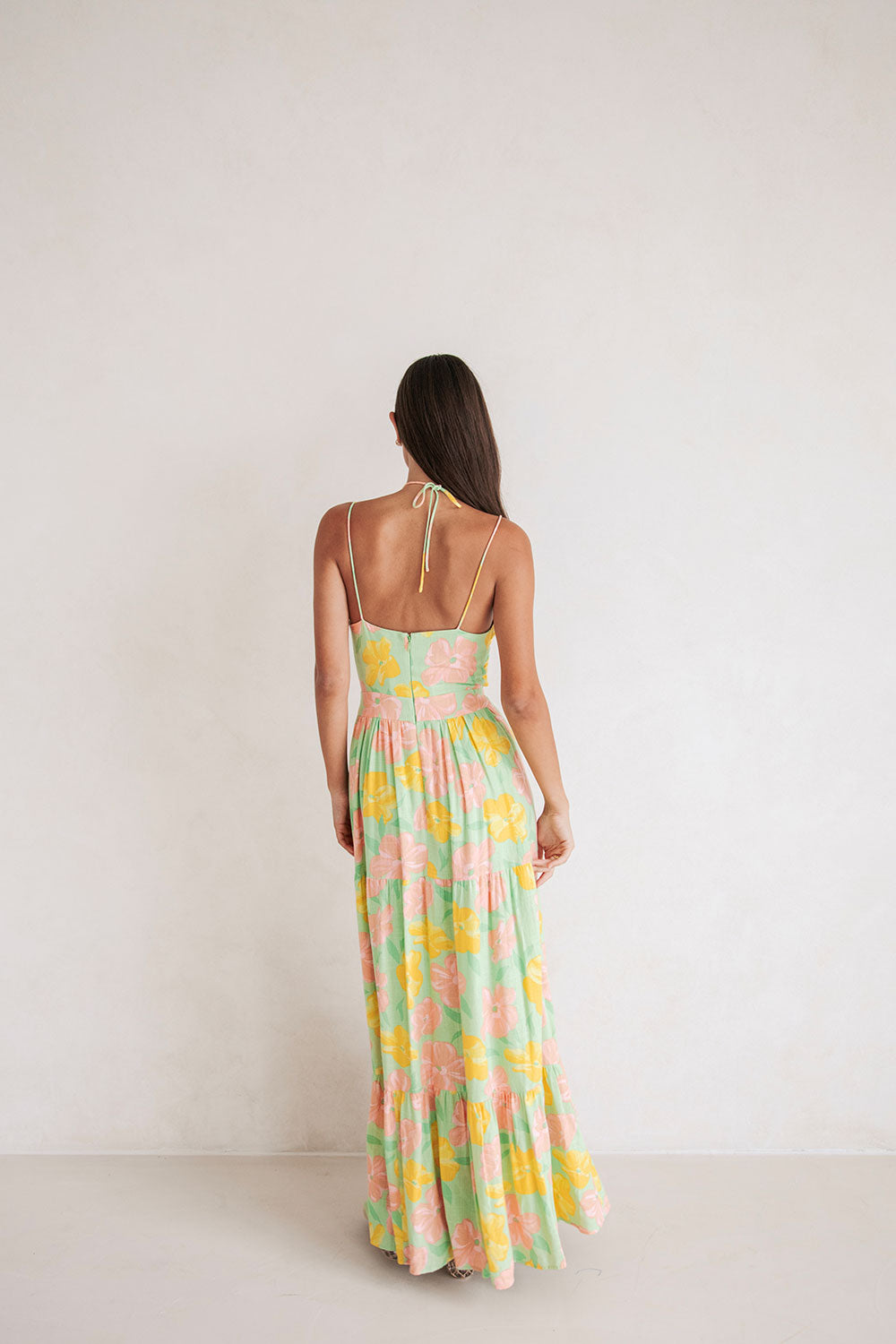 High - Quality Viscose Linen Blend Addis Dress with Rose Fill Print in Green