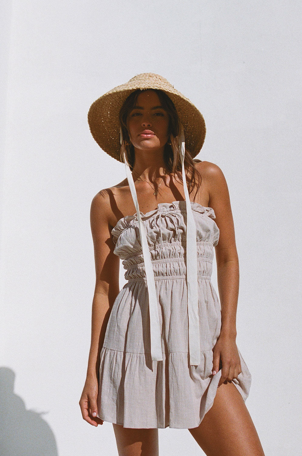 Beige Textured Cotton Blend Strapless Alaria Summer Dress