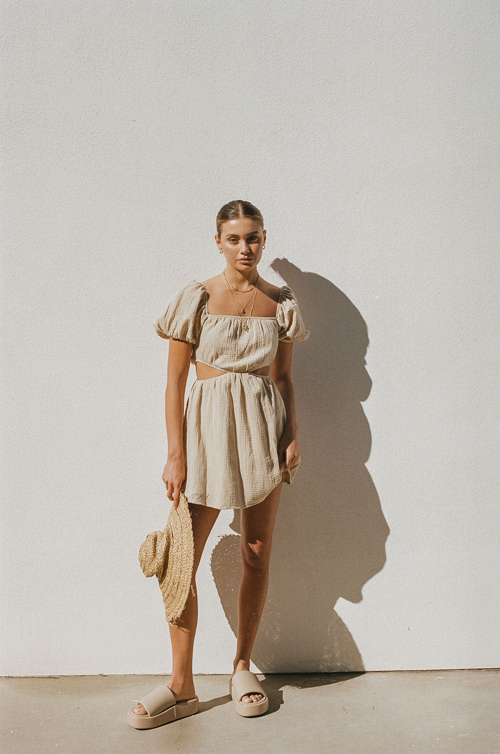 Exclusive Beige Natural Textured Cotton Amara Dress with Short Puff Sleeves