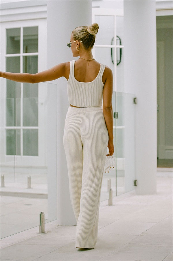 Nikkou Cream-colored Ribbed Knit High-waisted Drawstring Relaxed-fit Pants