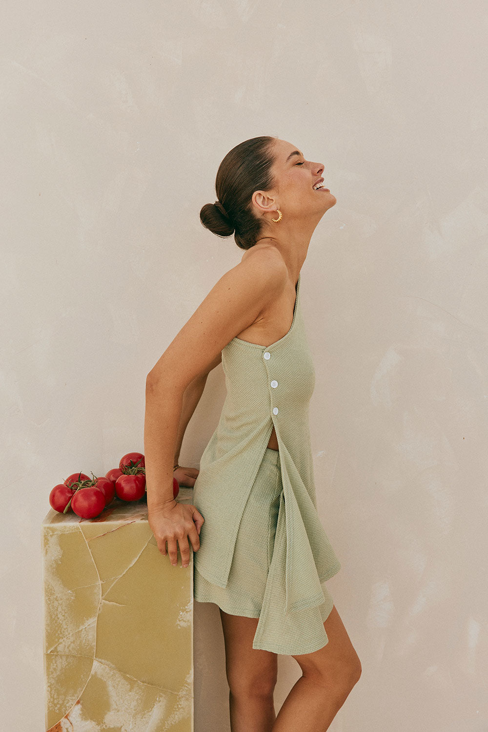 Soft Green Waffle Fabric One-Shoulder Dion Top with Flouncy Hem