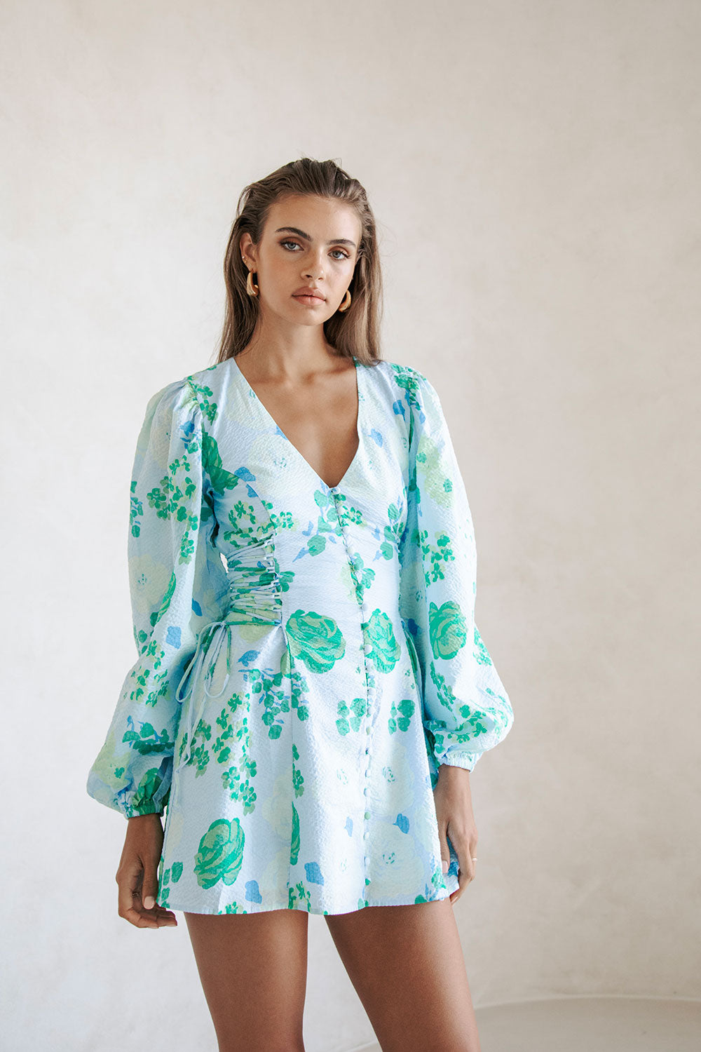 Stylish Corsage Blue Harri Button Dress with Puff Sleeves