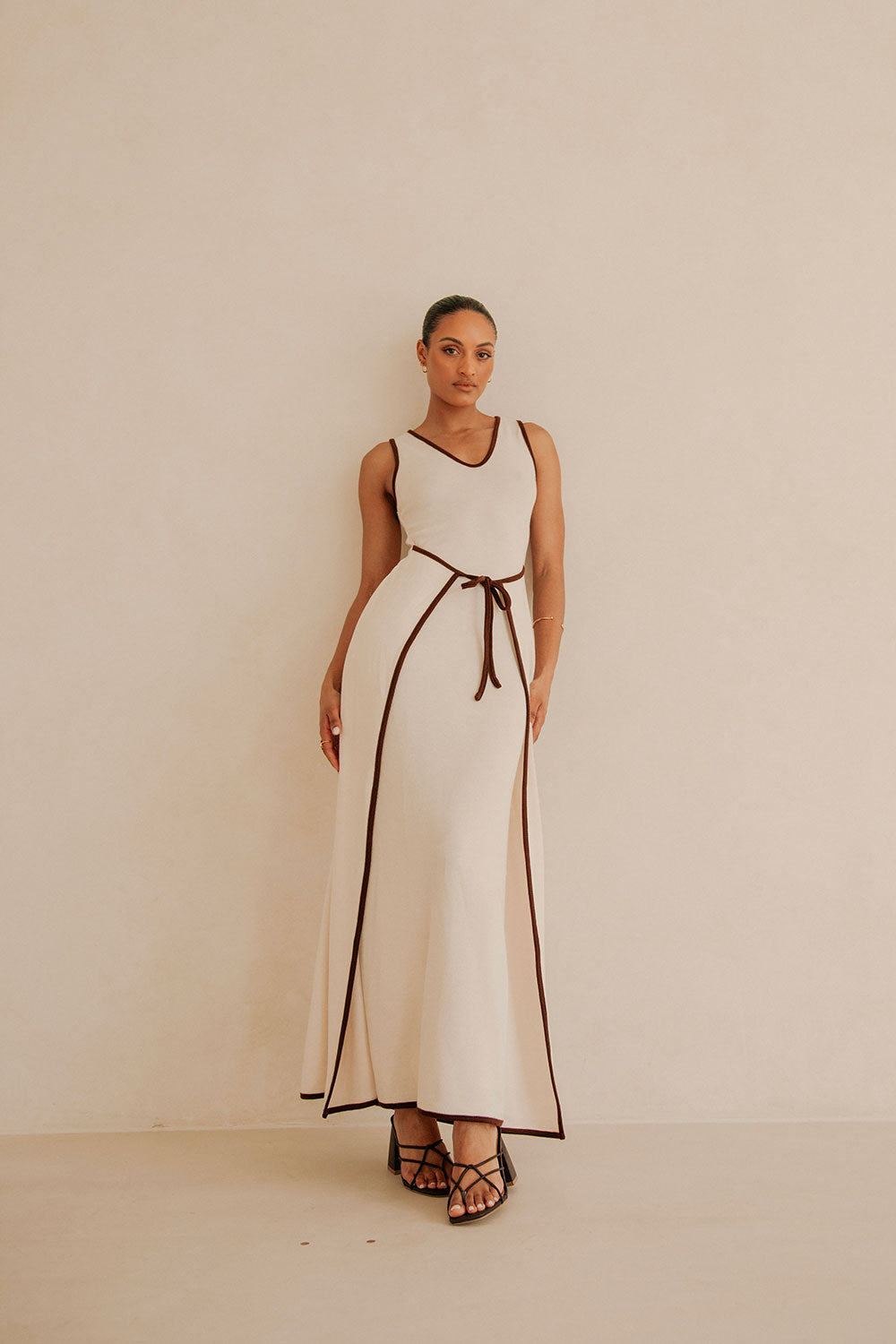 Elegant Creamy Beige Jazmin Maxi Dress with Brown Bind Details
