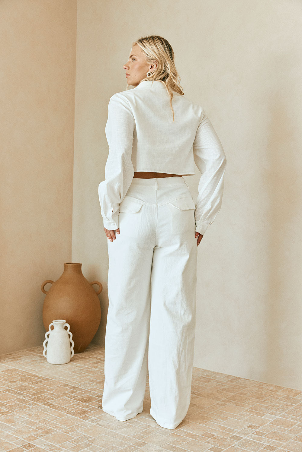 Exclusively Designed White High - Waisted Structured Cotton Denim Allani Pants