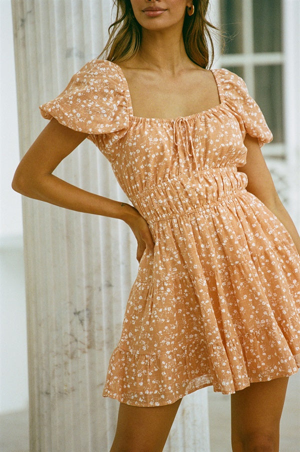 Orange Natural Raw Cotton Talina Dress with Short Puff Sleeves