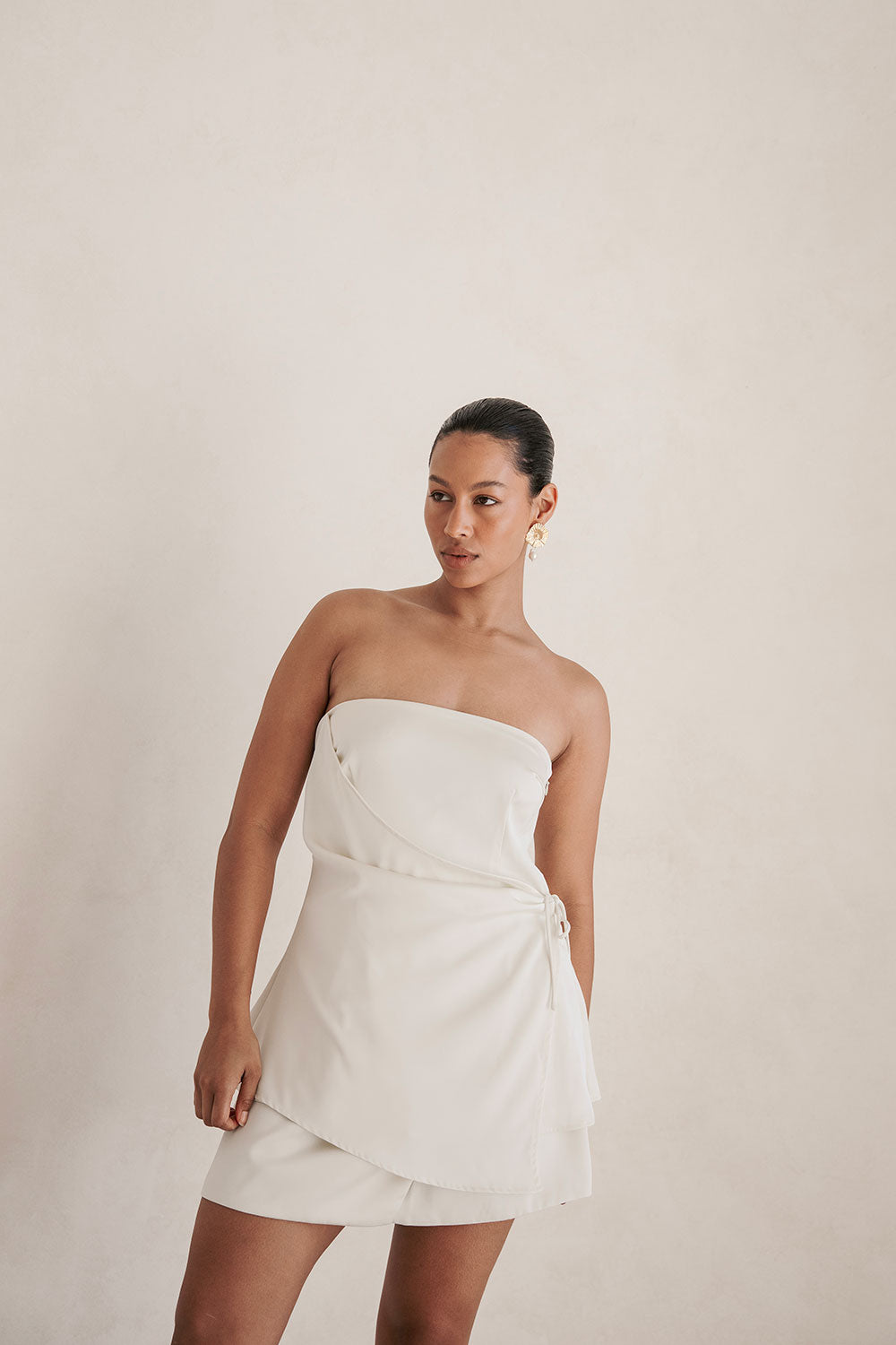 Exquisite Ivory Strapless Kleo Top with Draped Front