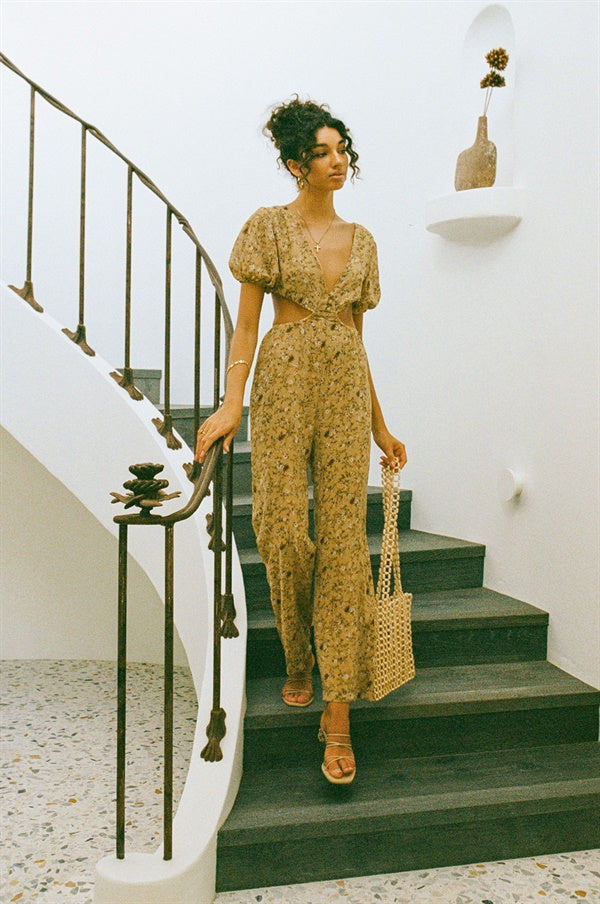 Festive Tan Floral Print Chiffon-feel Lexii Women's Jumpsuit