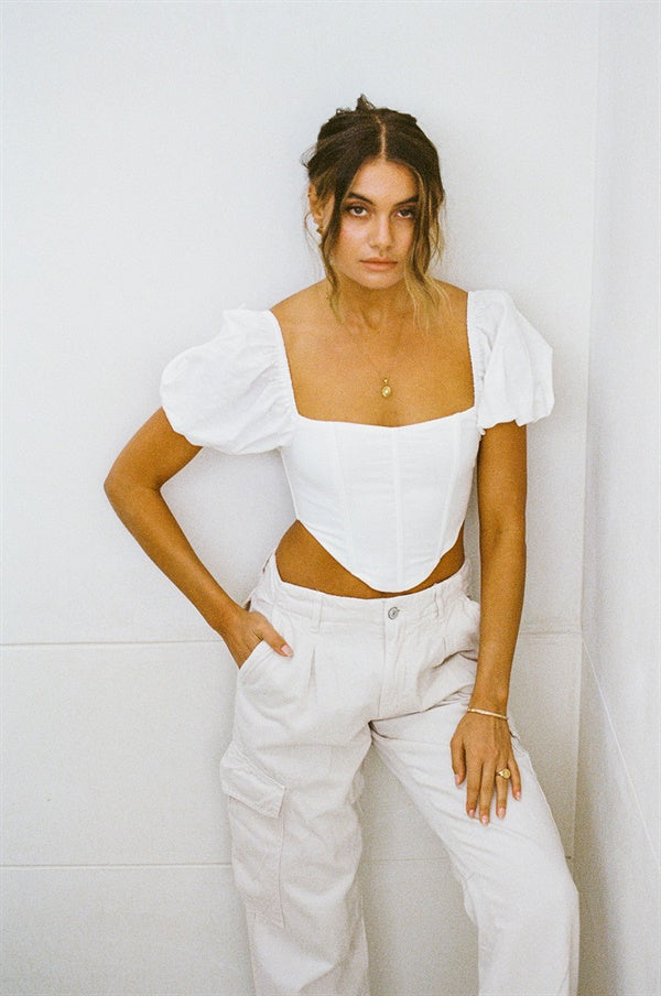 Exclusively Designed Off-White Natural Cotton Linen Blend Rumi Puff Top