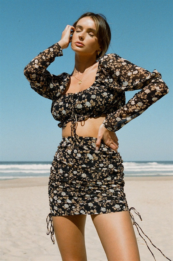Lightweight Black Floral Print High Waisted Avri Skirt for Party