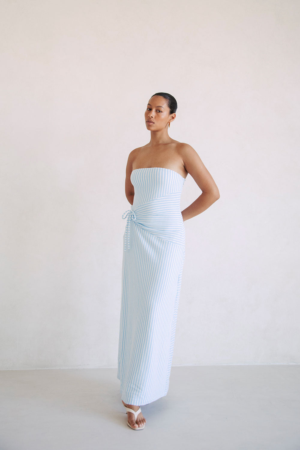 Exclusively Designed Daniella Baby Blue and White Striped Knitted Strapless Dress