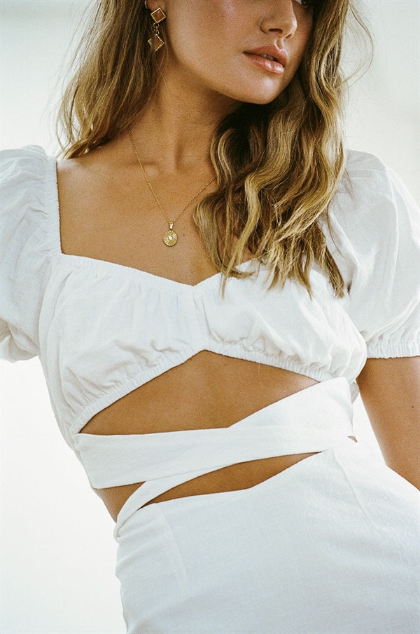 Off-White Natural Cotton Zimi Cutout Dress with Short Puff Sleeves