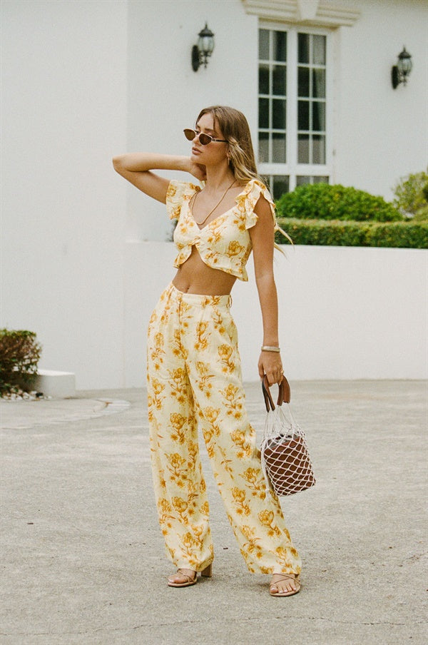 Exclusively Designed Danika Yellow Zipper Crepe Pants with Sunset Tulip Print