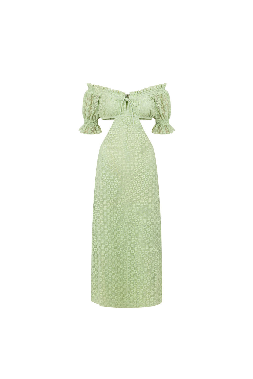Mint Hue Soft Lace Off Shoulder Frill Detailing Midi Amelda Dress