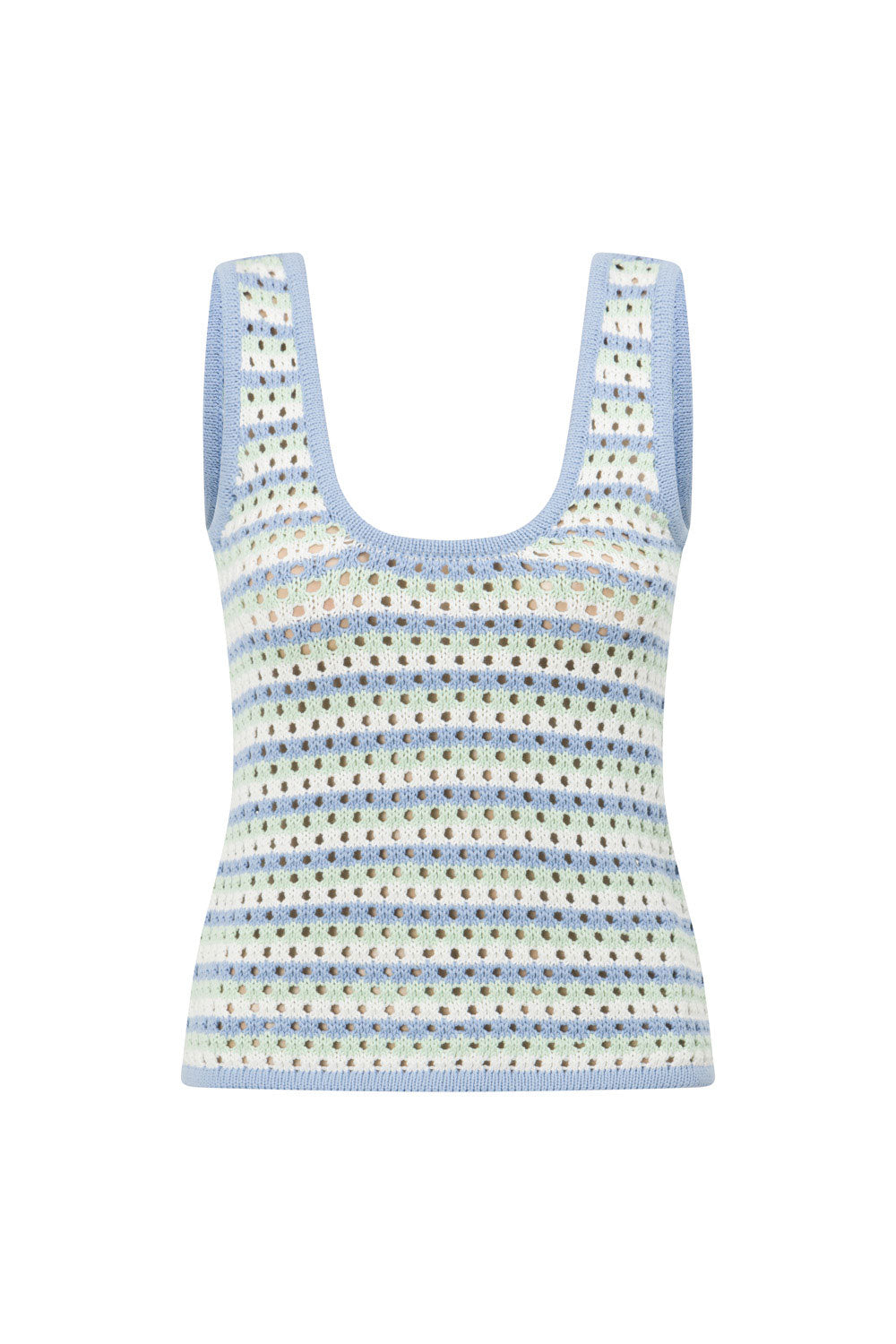 Blue Erin Knit Top with Vintage Charm and Stripe Design