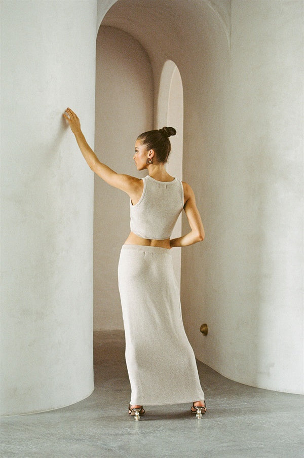 Tan Heather Knit Skirt with Elasticated Waist and 7/8 Length