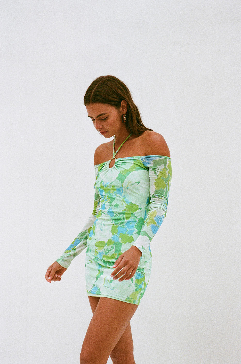 90s-Inspired Zaira Mesh Dress with Moss Water Lilies Print