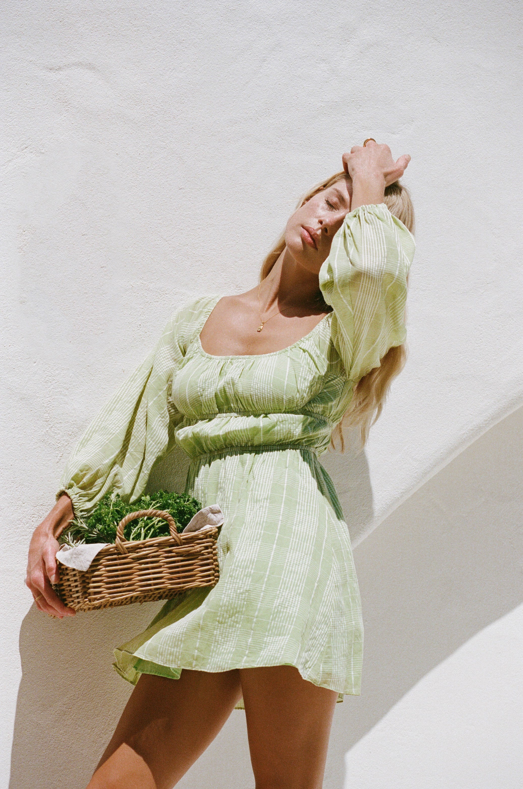 Sabo's Exclusive Lightweight Green White Plaid Off Shoulder Puff Sleeve Dress