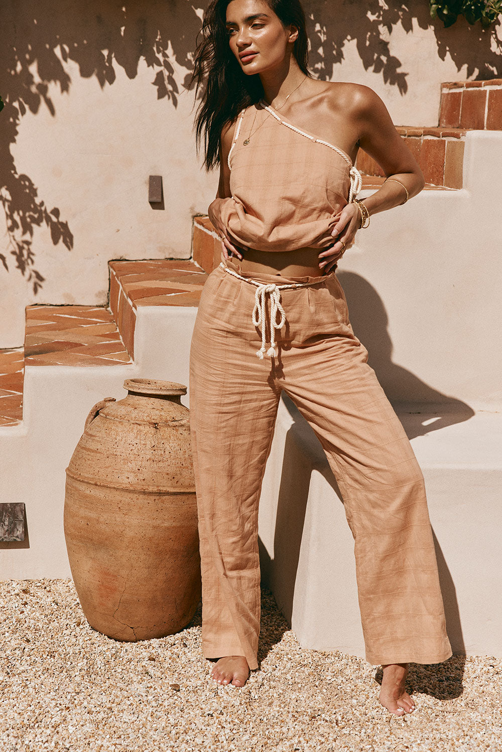 Vacation - Inspired Emmie High - Waisted Wide - Leg Cotton Pants in Dusty Rust