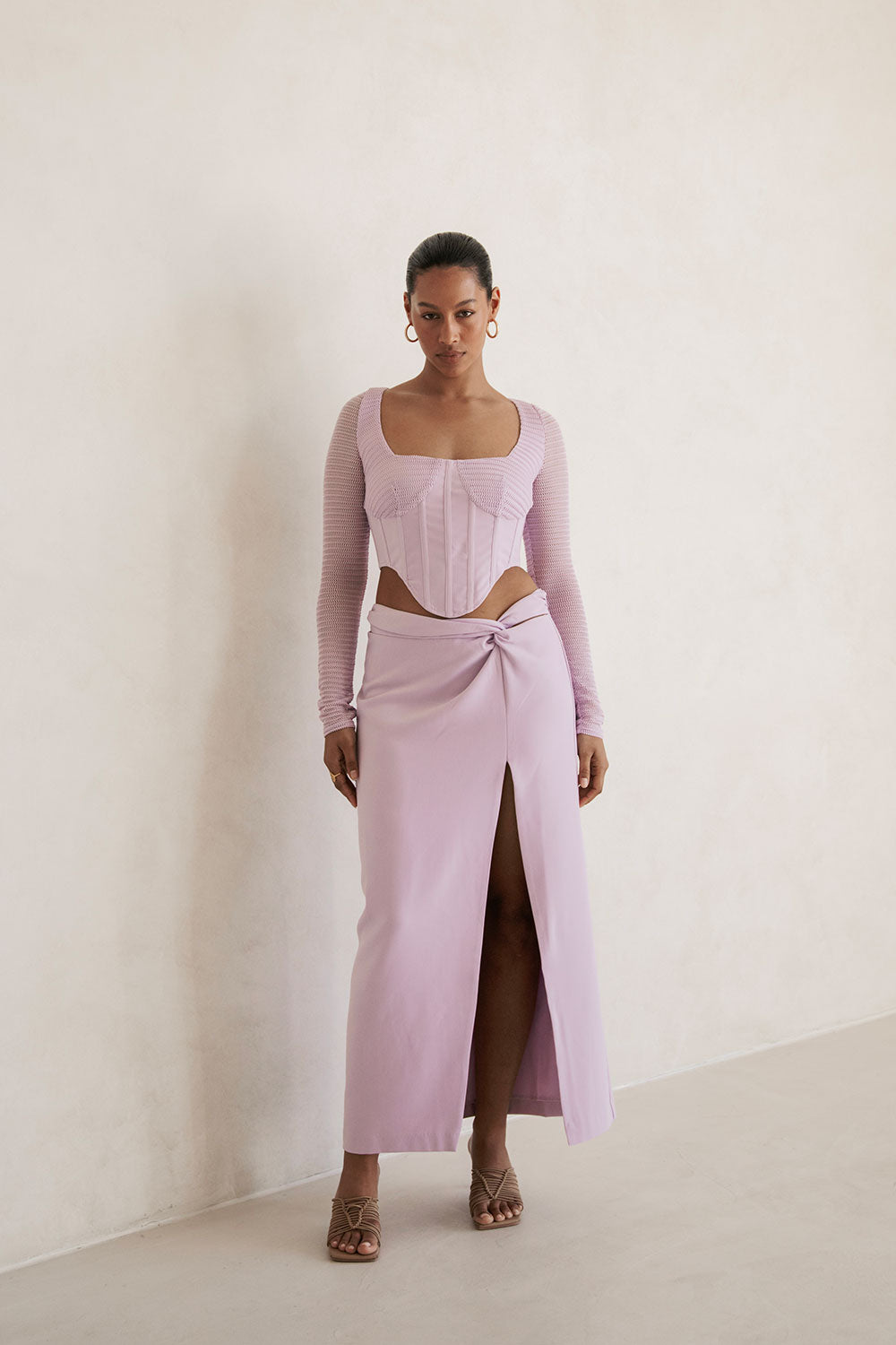 Stylish Lavender Vedrana Midi Skirt with Twist Detail