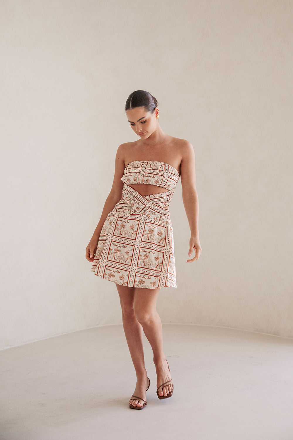 Sabo Postcard Print Kaiana Strapless Cutout Mini Party Dress
